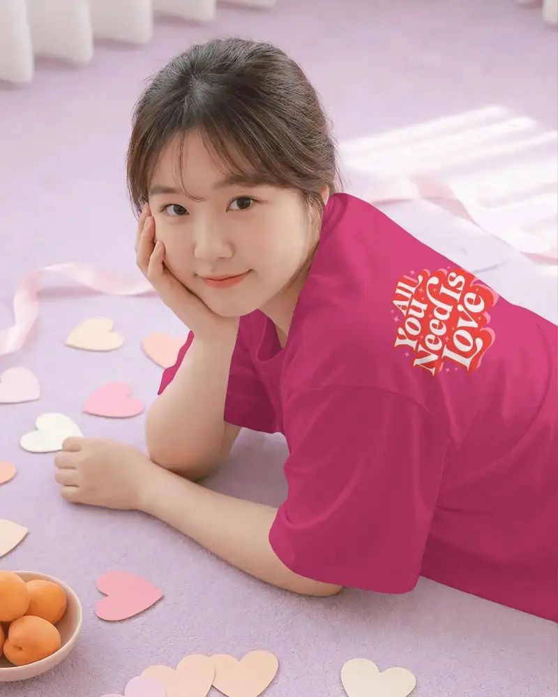 Romantic Valentine T Shirt Mockup With Woman Posing On Floor Amidst Heart Shaped Decorations
