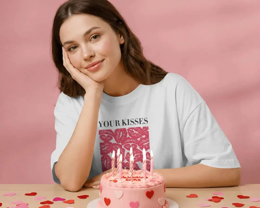 Happy Female Model Celebrating Valentines T Shirt Mockup Day With Candlelit Cake And Hearts