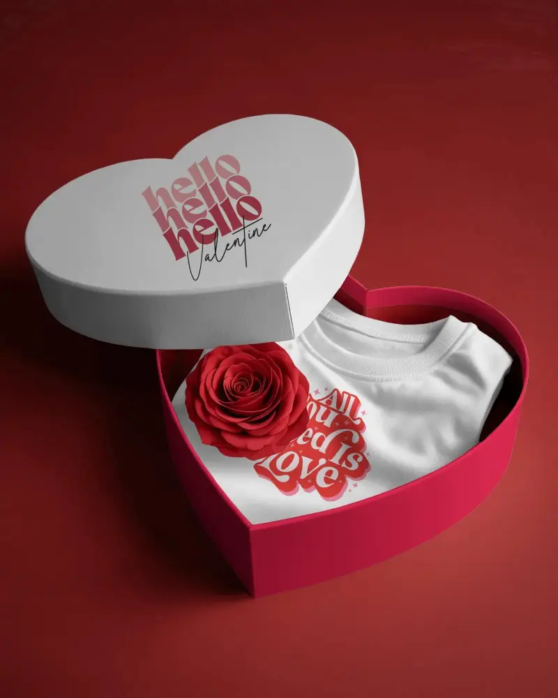 Heart Shaped Valentine Gift Box Mockup With Rose And Folded Shirt Creative Love Present