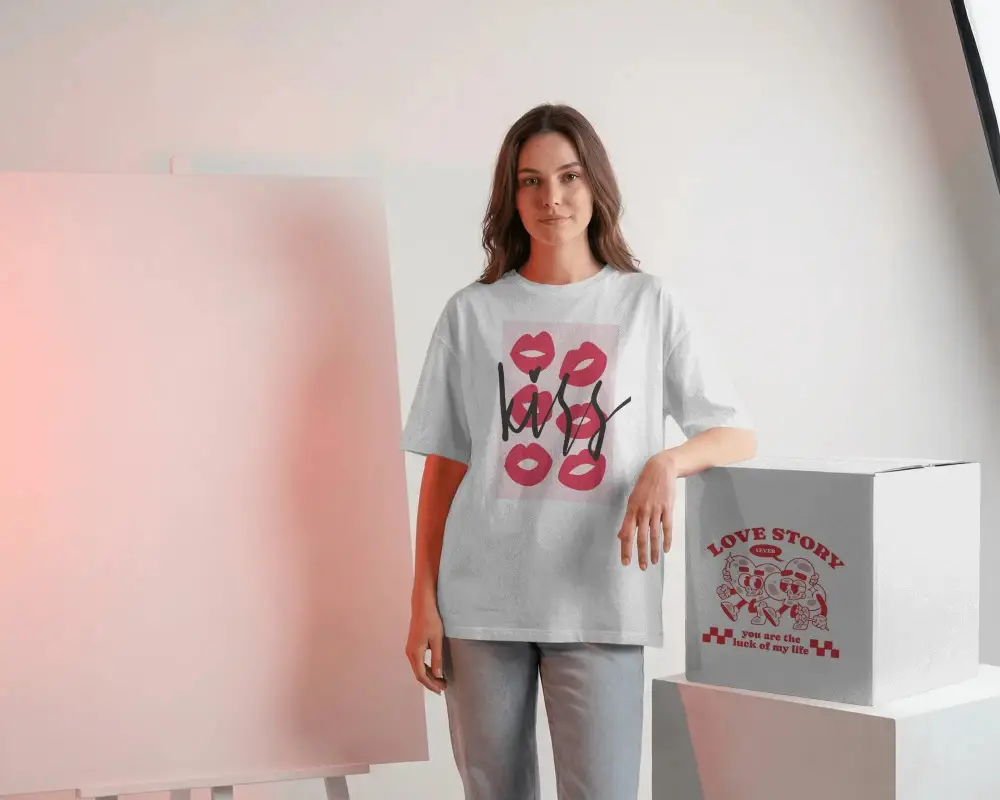 Casual Woman Wearing Blank Tshirt Mockup Standing Next To Geometric Artistic Background Valentine