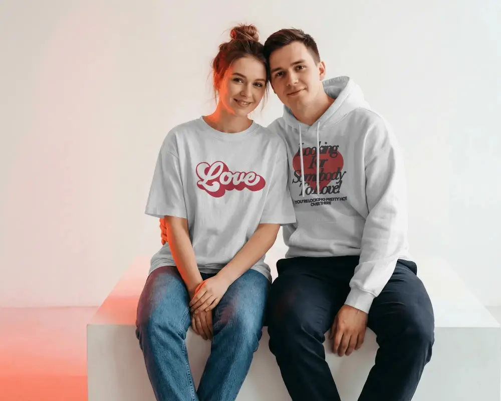Couple Wearing Blank Valentine Tshirts Mockup Tshirts Perfect For Custom Love Designs
