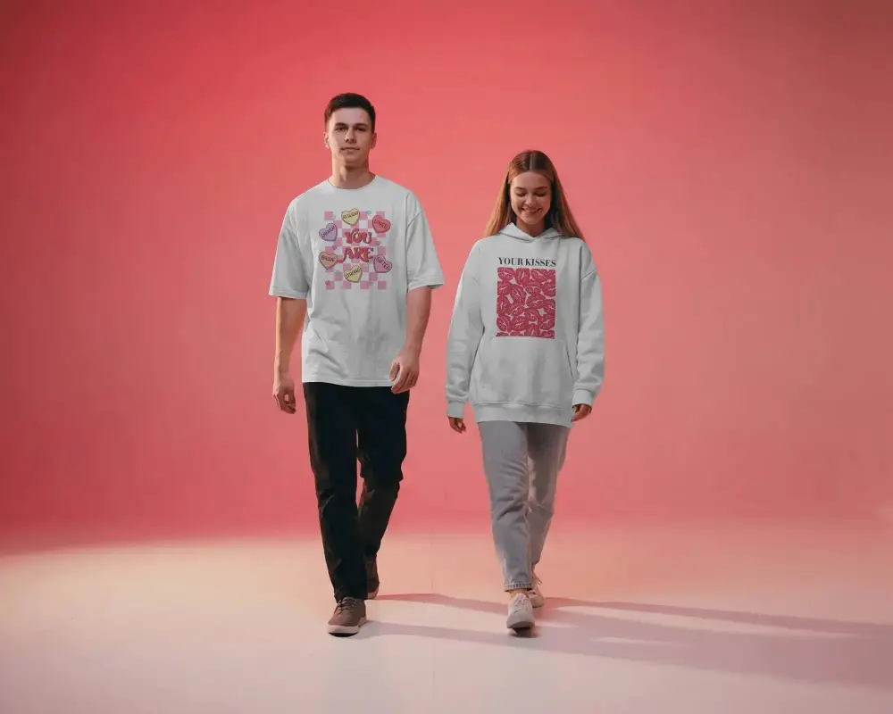 Valentines Day Couple Walking In Simple Casual Wear Tshirt Mockup For Love Day Promotion