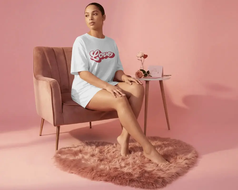 Cozy Valentine Tshirt Mockup With Female Model In Casual Dress With Floral And Valentine Card