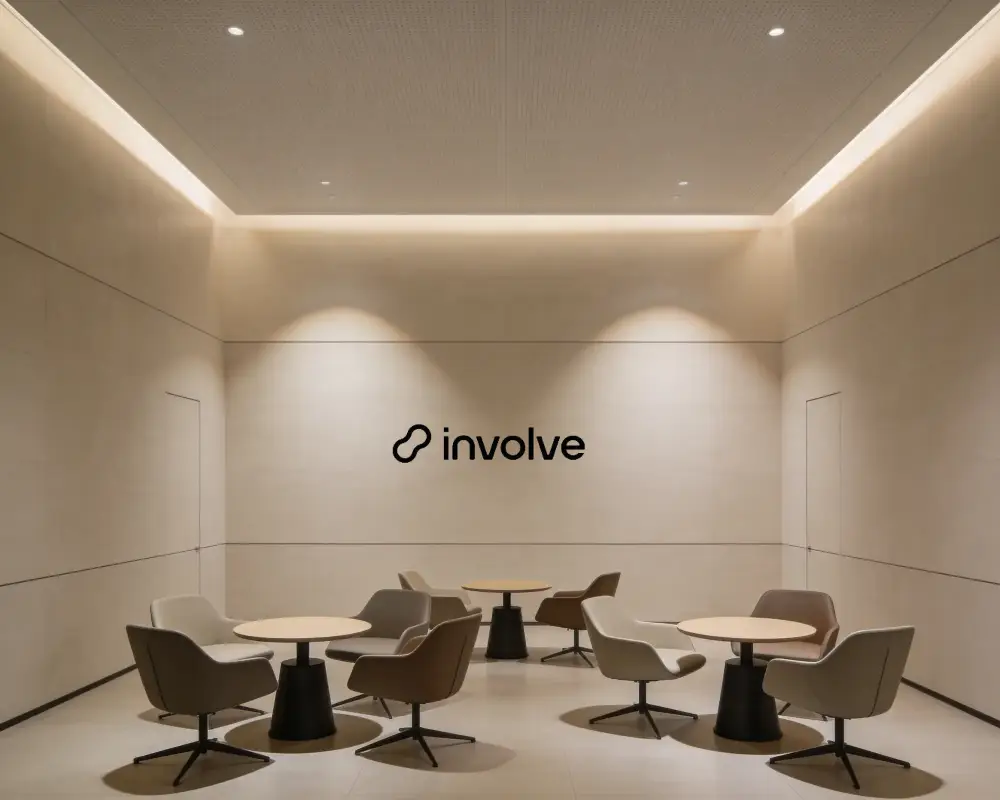 Modern Minimalist Office Seating Area With Round Tables And Upholstered Chairs Wall Logo Mockup