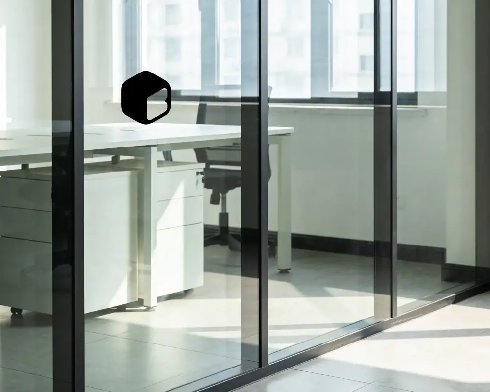 Modern Office Interior With Glass Walls Logo Mockup And Minimalist Desk Setup For Business Spaces