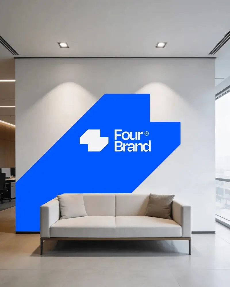 Modern Minimalist Office Wall Logo Mockup With Sofa And Spacious Design Lighting