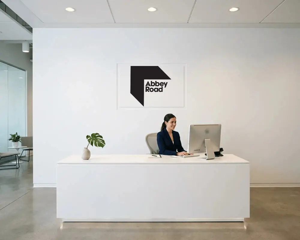 Clean Modern Office Reception With Empty Wall Space For Logo Mockup Branding Display