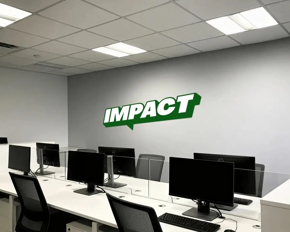 Clean Minimalist Wall Logo Mockup Office Desk Setup With Chairs And Computer Monitors In Room