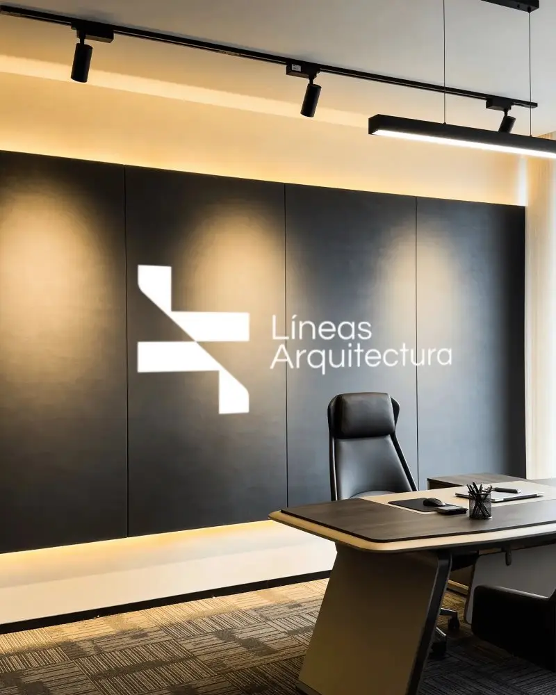 Modern Corporate Office Wall Logo Mockup With Led Spotlights And Executive Desk Layout