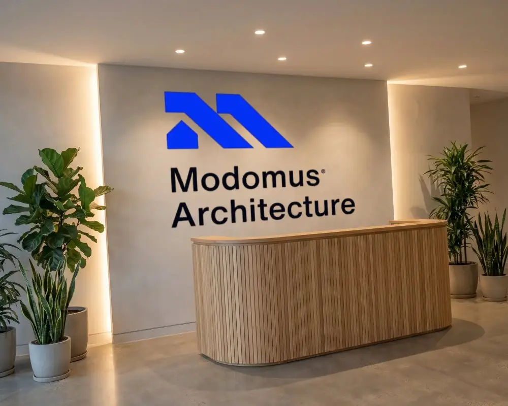 Sleek Minimal Office Lobby Wall Logo Mockup With Curved Wooden Reception Counter