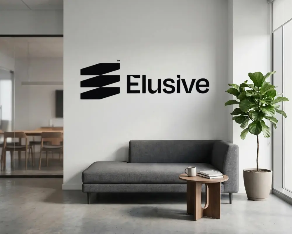 Sleek Office Wall Logo Mockup With Contemporary Sofa And Large Potted Indoor Plant