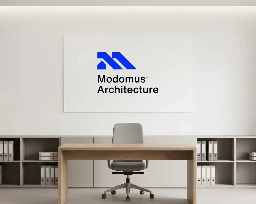 Modern Minimalist Office With Clean Wall Logo Mockup And Organized Storage Shelves