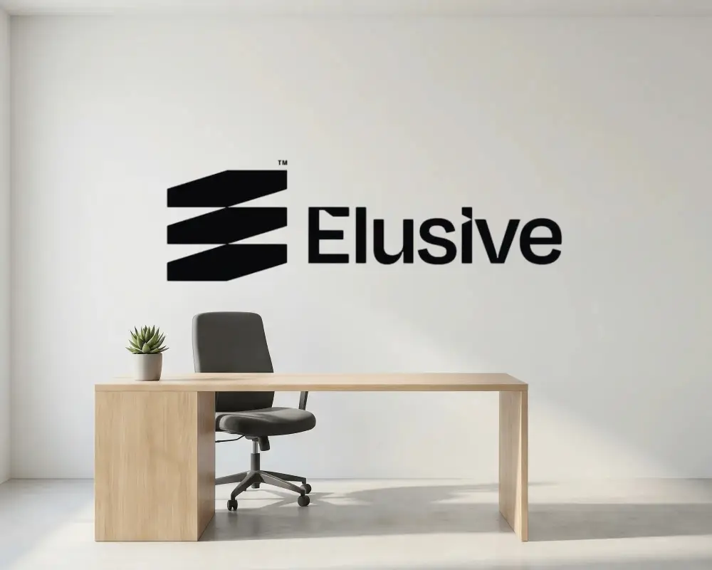 Contemporary Minimalist Wall Logo With Office Setup With Wooden Desk And Ergonomic Chair