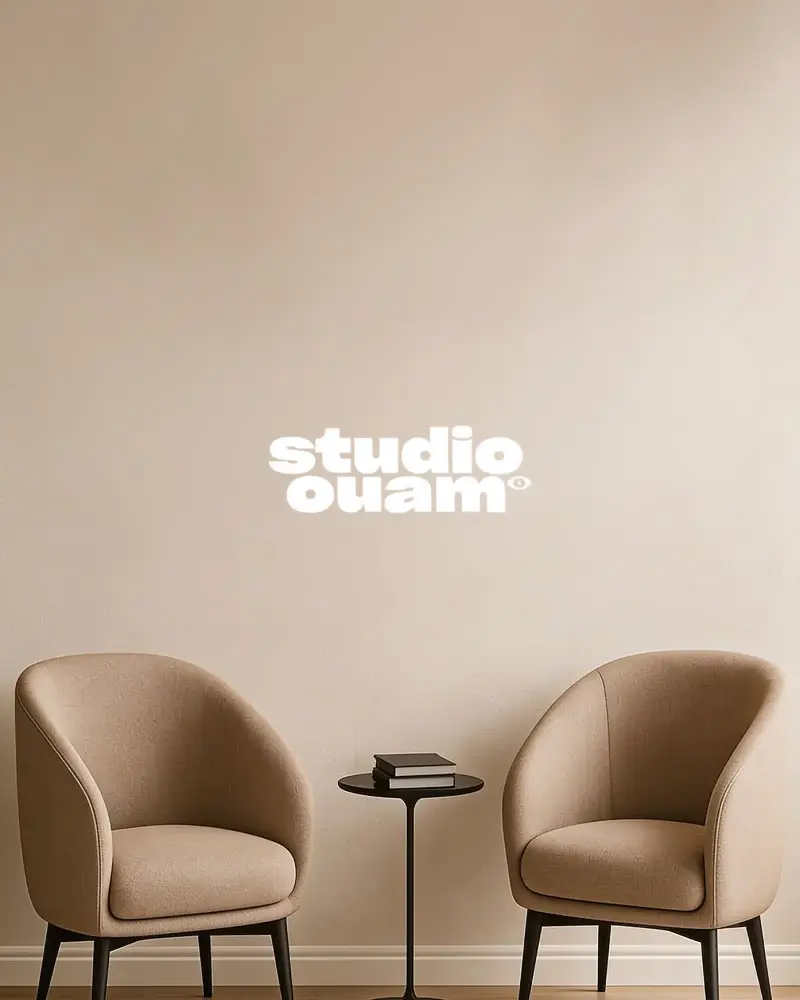Modern Minimalist Interior Wall Logo Mockup Design With Comfortable Lounge Chairs Sleek Side Table