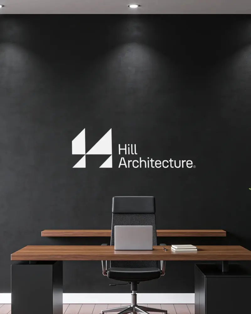 Modern Minimalist Office Wall Logo Mockup With Clean Workspace And Leather Chair
