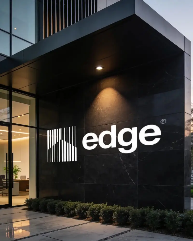 Modern Exterior Wall Logo Mockup With Spotlight On Smooth Stone Surface And Glass Door Entrance