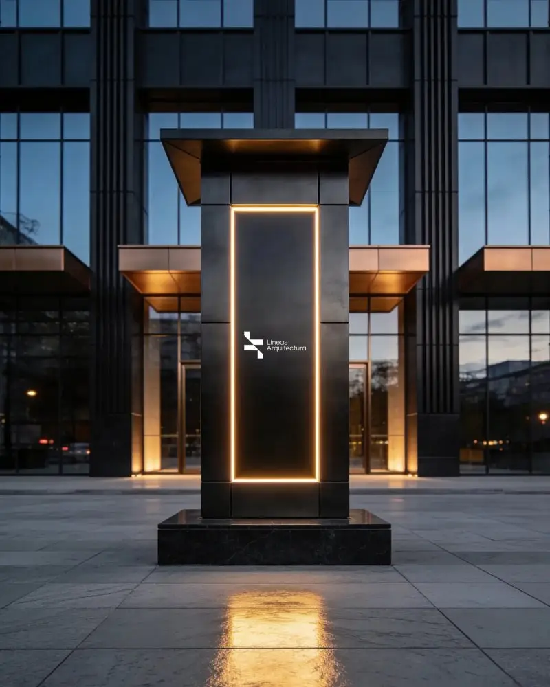 Modern Minimalist Outdoor Wall Logo Mockup With Glowing Border Light Urban Buildings Background