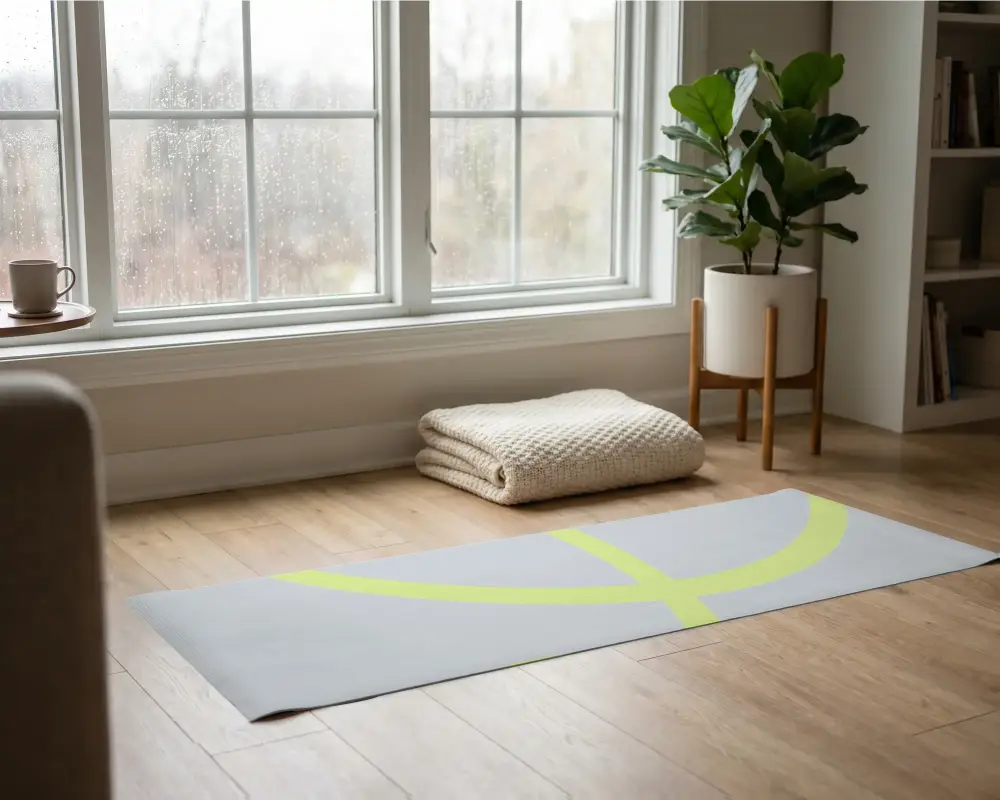 Home Yoga Mat Mockup With Cozy Blanket And Plant Near Large Window Interior Scene