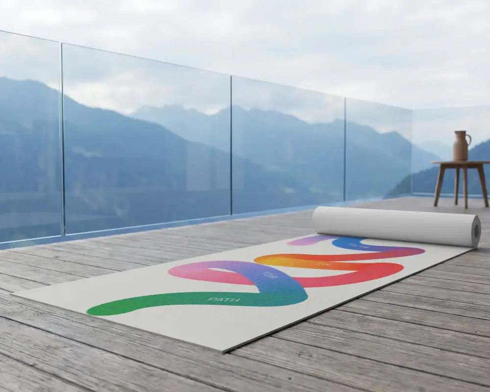 Rolled Yoga Mat Mockup On Wooden Floor With Mountain View Outdoor Exercise Equipment