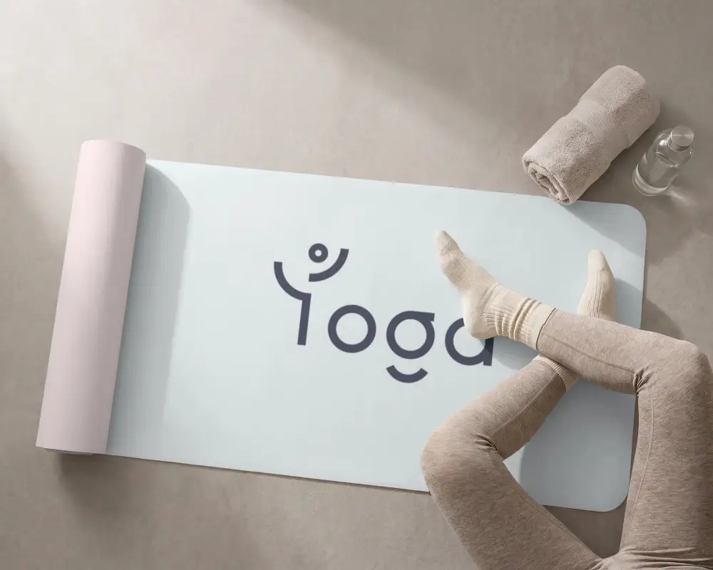 Yoga Mat Mockup With Rolled Towel And Water Bottle For Relaxation And Workout