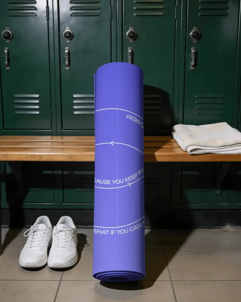Rolled Yoga Mat Mockup In Gym Locker Room With Wooden Bench Sneakers And Folded Towel