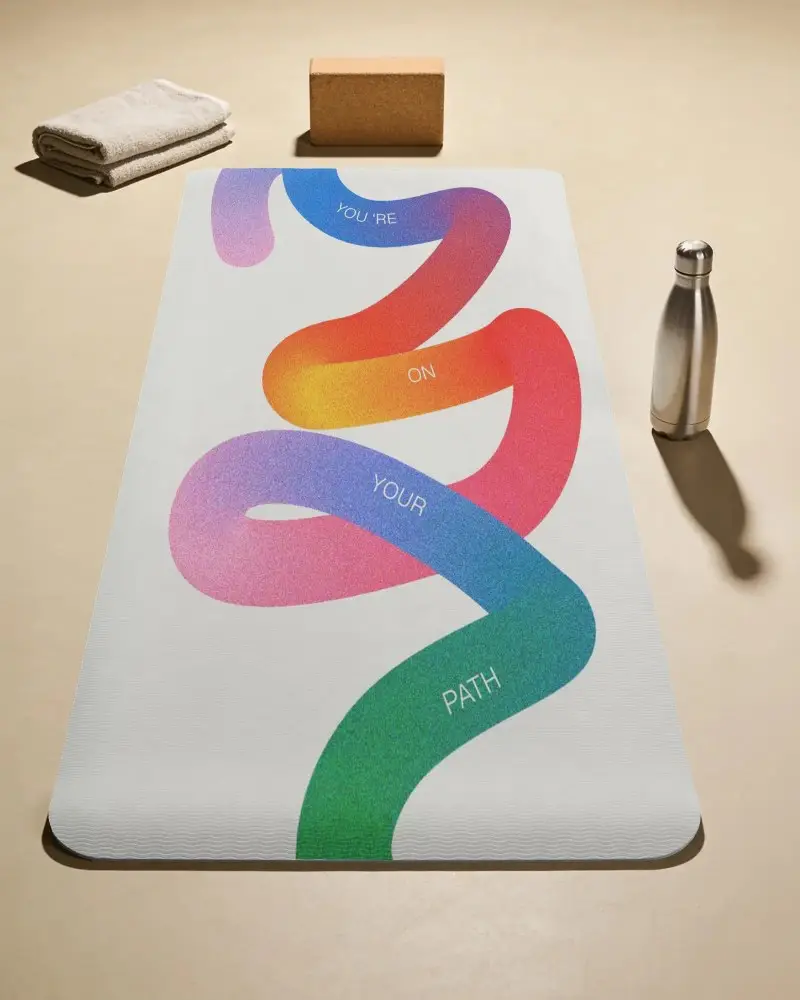 Yoga Mat Mockup On Warm Studio Floor With Towel Cork Block And Metal Water Bottle