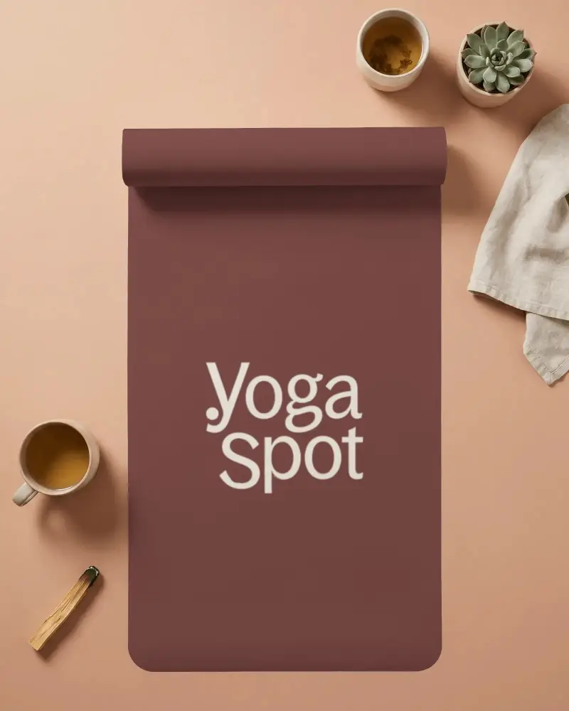Rolled Top View Yoga Mat Mockup On Peach Background With Tea Cups Succulent And Soft Fabric Props