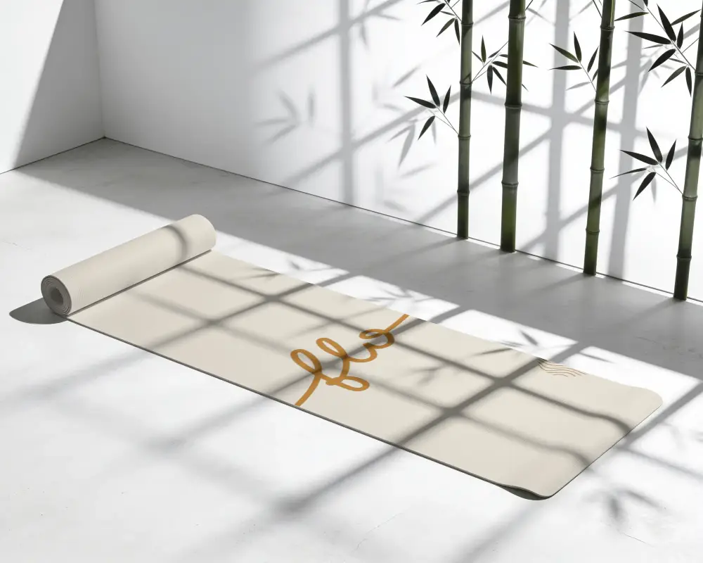 Premium Yoga Mat Mockup With Bamboo Shadow And Minimalist Interior For Fitness Brand Promotion