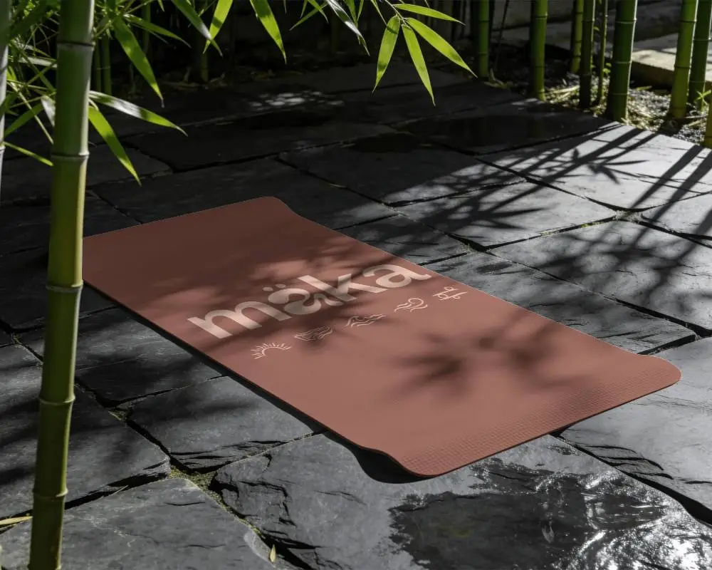 Premium Yoga Mat Mockup In A Serene Natural Setting With Bamboo Shadows And Stone Floor
