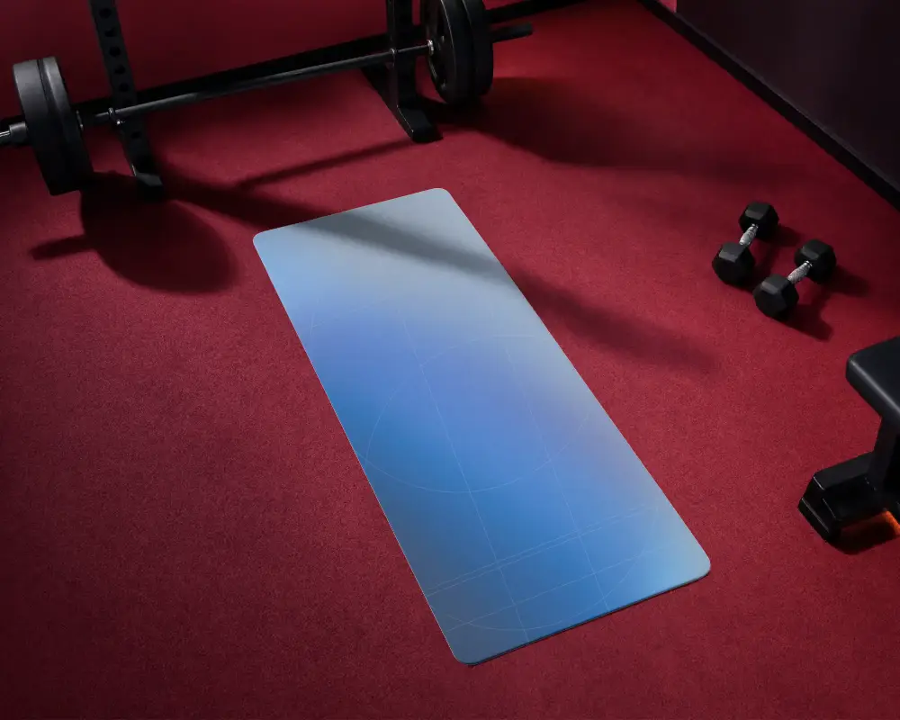 Premium Yoga Mat Mockup In Modern Gym Setting With Weights And Strength Training Equipment