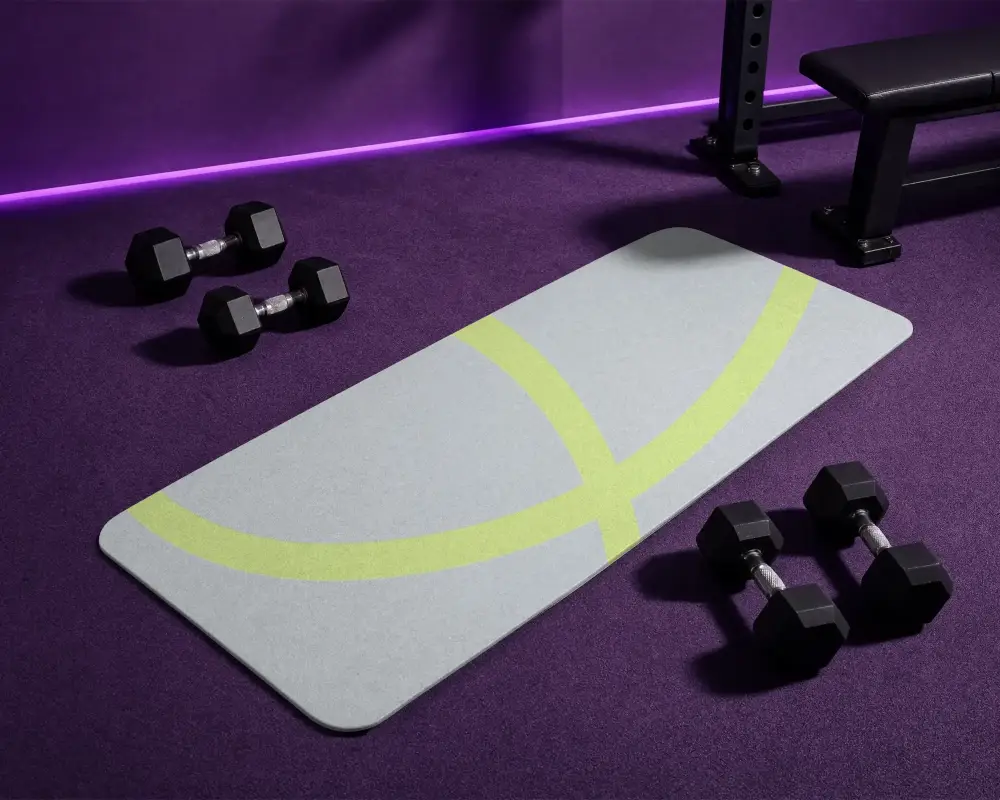 High Quality Personal Yoga Mat Mockup In Fitness Studio With Dumbbells And Weight Bench