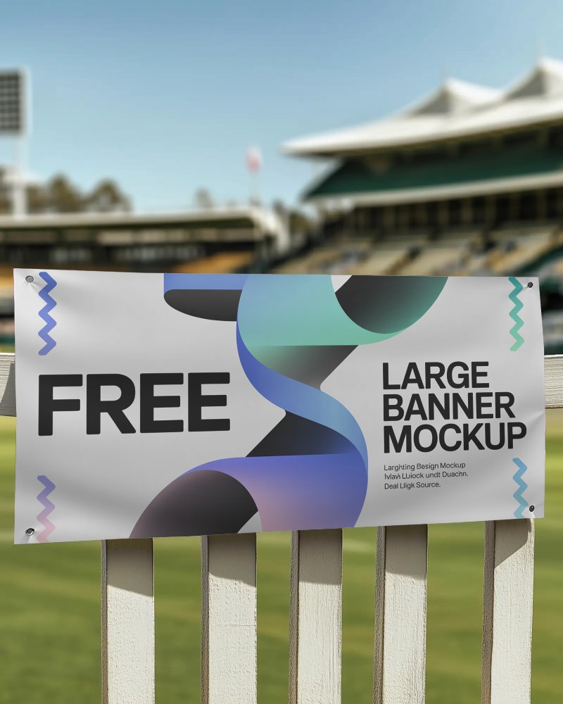 Outdoor Stadium Banner Mockup Mounted On Wooden Fence With Sports Field And Seating Stands In Blurred Background