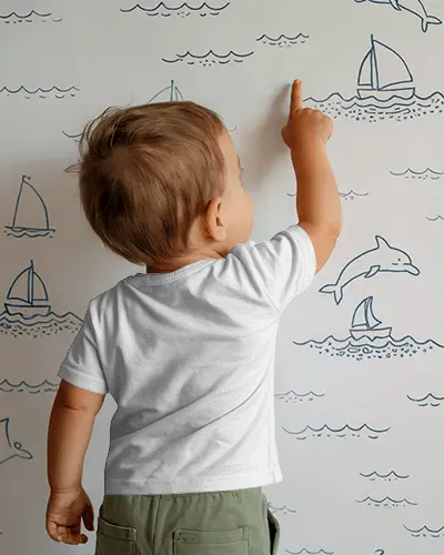 Baby Tee Mockup Back View Toddler Wearing Tshirt Pointing At Nautical Wall Illustrations