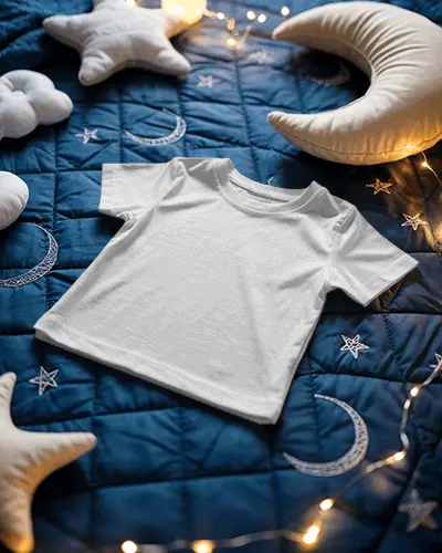 Baby Tee Mockup Infant Tshirt Flat Lay On Star Quilt With Moon Pillows And Warm Fairy Lights