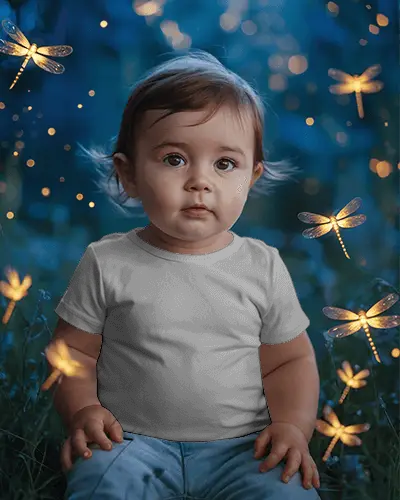 Baby Tee Mockup Infant Wearing Tshirt Sitting Among Glowing Fireflies Magical Night Scene