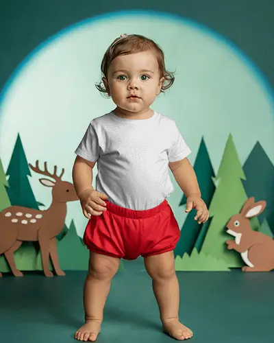 Baby Tee Mockup Infant Wearing Tshirt Standing In Woodland Scene With Deer And Rabbit Art