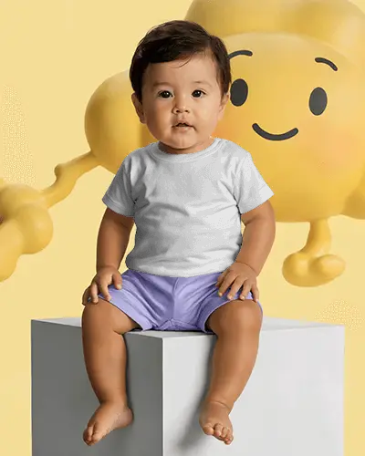 Baby Tee Mockup Infant Wearing Tshirt Sitting On Cube With Playful Yellow Character Backdrop