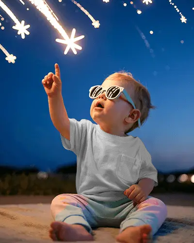 Baby Tee Mockup Toddler Wearing Dark Tshirt Outdoors At Night Reaching For Glowing Stars
