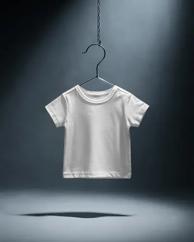 Baby Tee Mockup Dark Studio Infant Tshirt Hanging On Metal Hook With Dramatic Spotlight Lighting