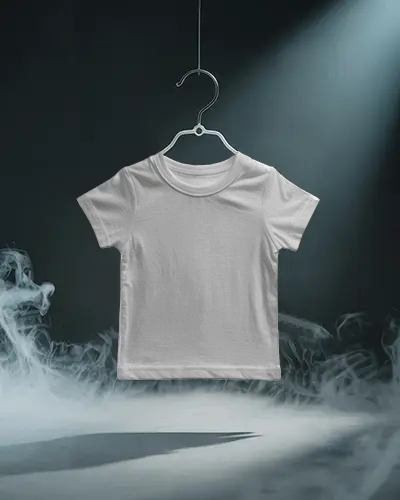 Baby Tee Mockup Black Infant Tshirt Hanging In Dark Studio With Dramatic Light And Fog Effect