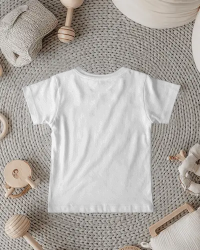Baby Tee Mockup Gray Infant Tshirt Flat Lay On Knitted Rug With Wooden Toys Natural Nursery Style