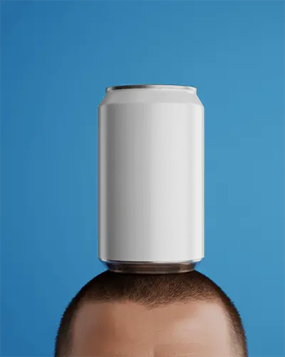 creative-drinks-can-mockup-white-beverage-can-standing-on-buzzcut-head-in-studio-lighting-scene