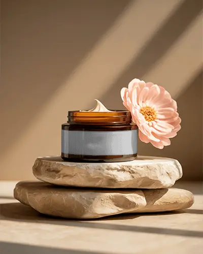 Natural Skincare Cream Jar Mockup With Flower Lying On Stone Platform For Beauty