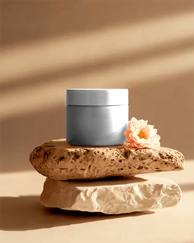 Luxury Jar Mockup On Textured Stone Pedestal With Flower Natural Beauty Display