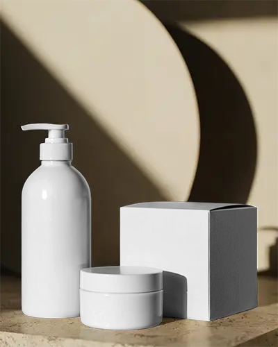 Sleek Modern Set Cosmetic Mockup Packaging With Pump Bottle Container And Box Display