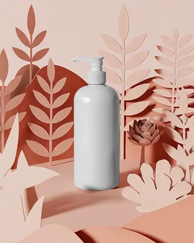 Cosmetic Lotion Pump Container Mockup Surrounded By Paper Cutout Foliage