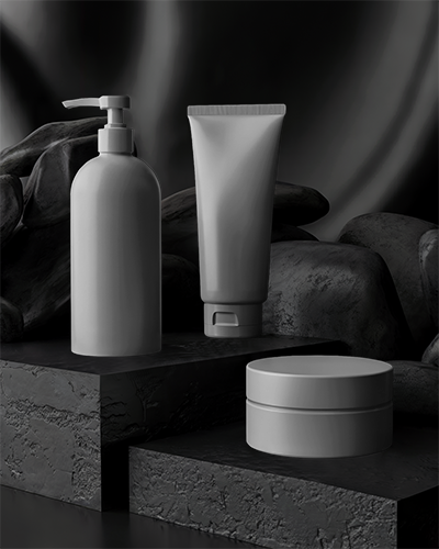 Premium Cosmetic Set Mockup With Pump Dispenser Squeeze Tube And Cream Jar On Stone Platforms