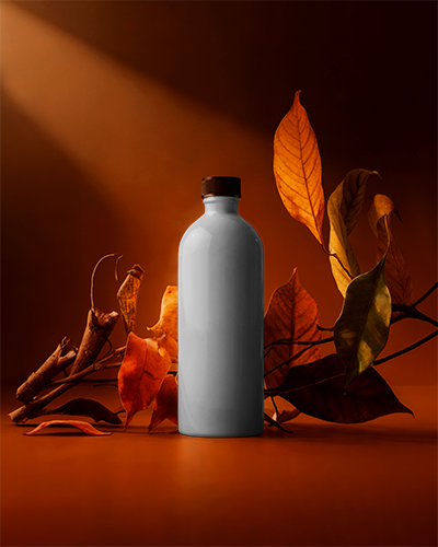 Natural Skincare Bottle Mockup With Dried Autumn Leaves And Ambient Lighting For Branding