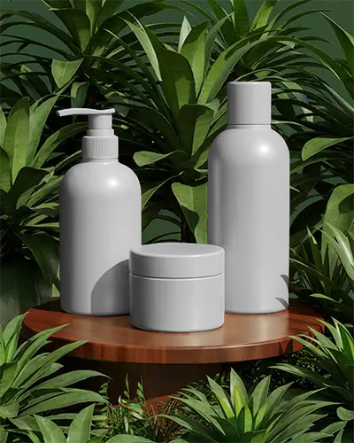 Eco Friendly Beauty Product Container Mockup Set On Wooden Table With Foliage