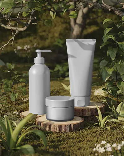 Natural Skincare Packaging Mockup On Wood Slices In Forest Environment For Brand Presentation